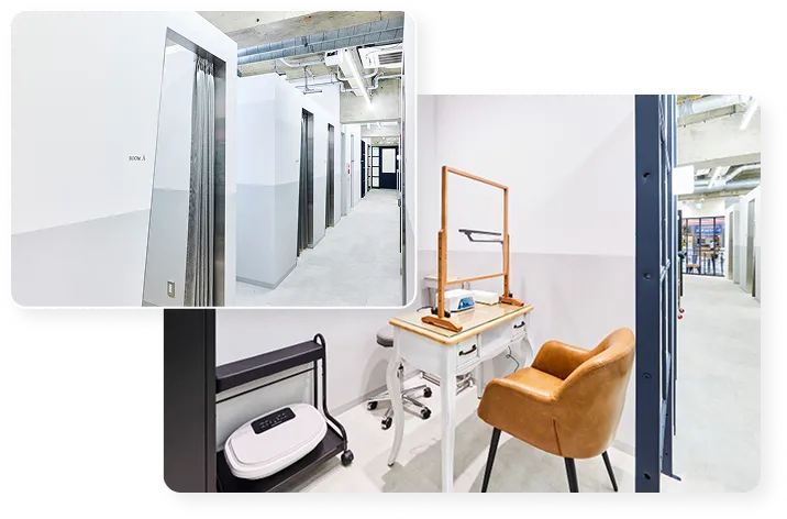 施術ルームは全て個室。他の方に干渉されず、安心してサロンワークができます。複数人での利用可能なルームも完備しております。